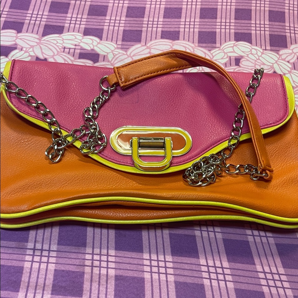 Apt. 9 Vibrant Pink and Orange Clutch with Chain Detail